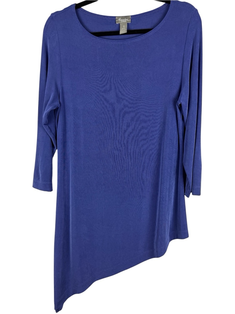 Travelers by Chico’s Periwinkle Asymmetrical 3/4 Sleeve Tunic Top Size 1 Medium